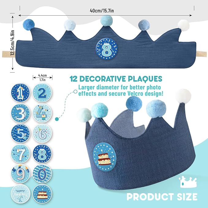 Reusable Birthday Crown with Numbers,Kids Birthday Hat Fabric Crown Pertain Kids Boy Toddler Girl Baby Bday Hats
