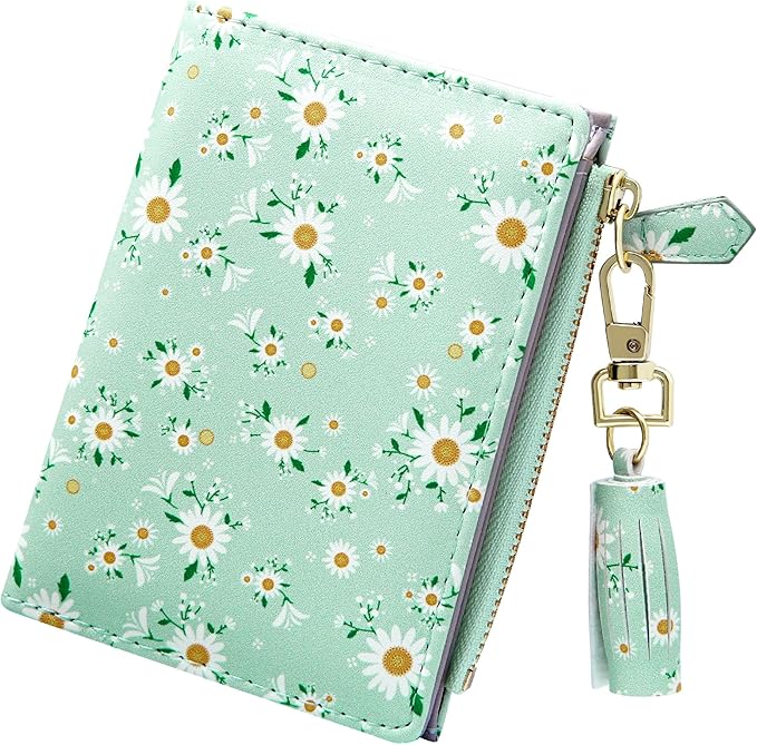 GEEAD Small Wallets for Women Bifold Slim Coin Purse Zipper ID Card Holder PU Leather Printed Blue Daisy