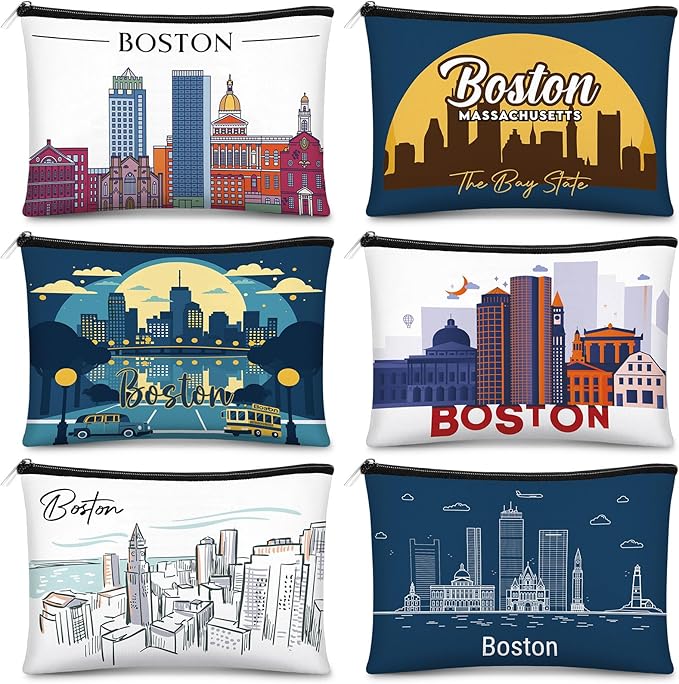 Reginary 6 Pcs City Cosmetic Bag Souvenir Gifts New York Zipper Pouch Chicago Souvenir Seattle Boston Nashville London Paris Italy Alaska Gifts Memento for Women Traveler(Boston)