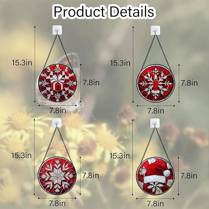 Stained Glass Window Hanging 4 Pcs Set Red Christmas Decorations Theme 7.8" - Suncatcher Door Garden Sun Catcher Decor Birthday for Mom Woman Nana Men Friend Wife