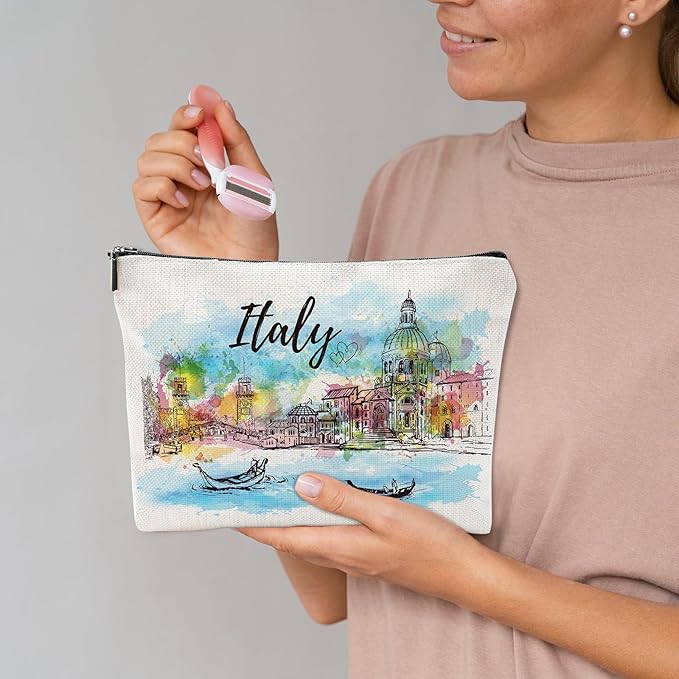 Italy Souvenirs Travel Essentials - Venice Scene Italy Gifts for Women, Italy Trip Souvenir Small Makeup Bag for Purse, Watercolor Italian Themed Birthday Christmas Gifts for Friends Family