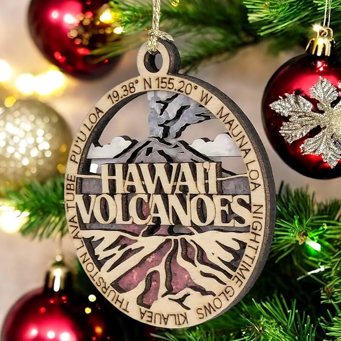 Hawaii Volcanoes National Park Ornament - Handmade Wood Laser Cut Christmas Decoration, Erupting Volcano Scene