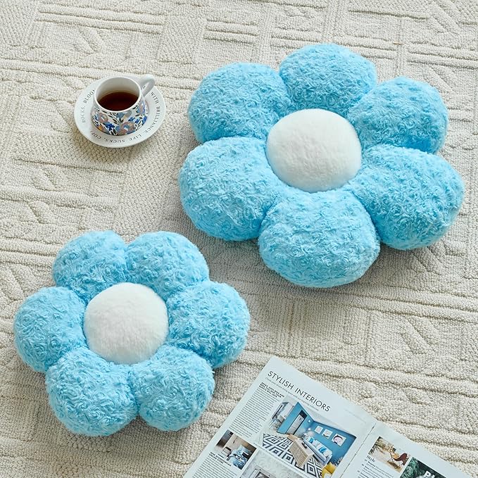 Flower Pillows, Decorative Throw Pillow with Soft Plush for Couch, Flower Shaped Pillow Home Decor Daisy Pillow for Bed (Blue, 19.6 Inches)