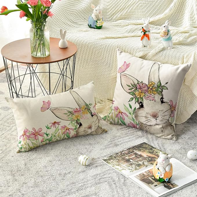 AVOIN colorlife Easter Floral Garland Bunny Throw Pillow Cover Set of 2, 12 x 20 and 18 x 18 Inch Spring Rabbit Holiday Cushion Case Decoration for Sofa Couch