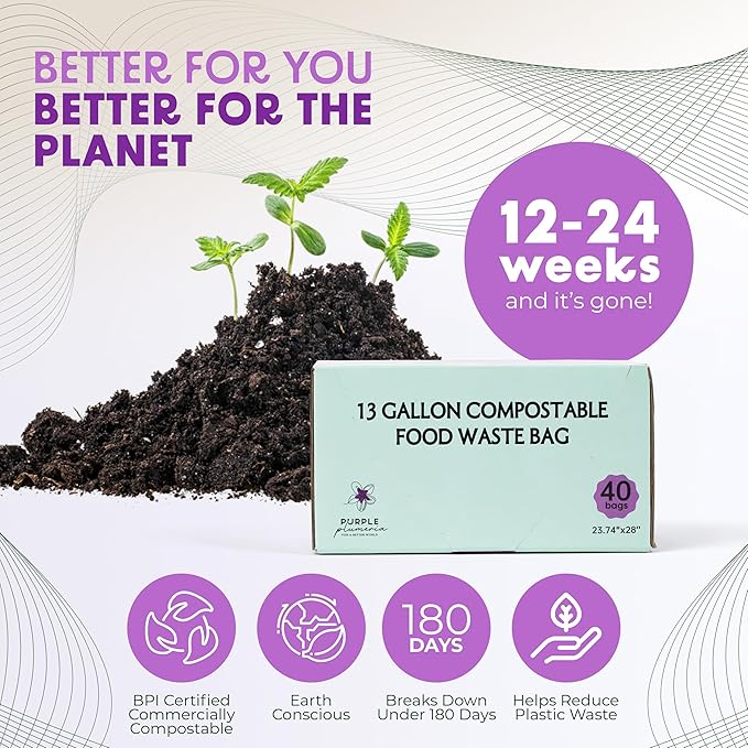 PurplePlumeria 13 Gallon Compostable Trash Bags - BioBased - Extra Strength - Plant-Based Plastic - Eco-Friendly, Sea Green
