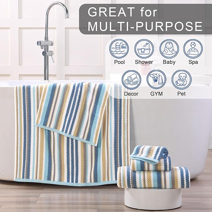 Striped Hand Towels Set (4PC, 16"x27") - 100% Cotton | Quick Dry | Soft | Absorbent, Light Weight Hand Towels for Showering & Bathroom, Luxury Towel Set for Guest, Blue + Gray + Beige Stripes