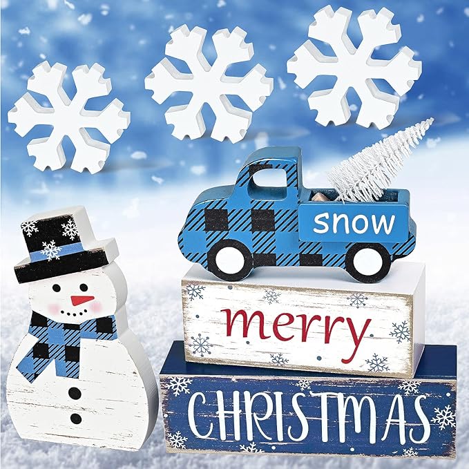 Yinhua Christmas Decorations Indoor, Christmas Table Decor, Blue Truck Snowman Decorations with Xmas Tree & Snowflakes, Farmhouse Wooden Block Sign, Xmas Mantel Decor for Tiered Tray, Desk, Bookshelf