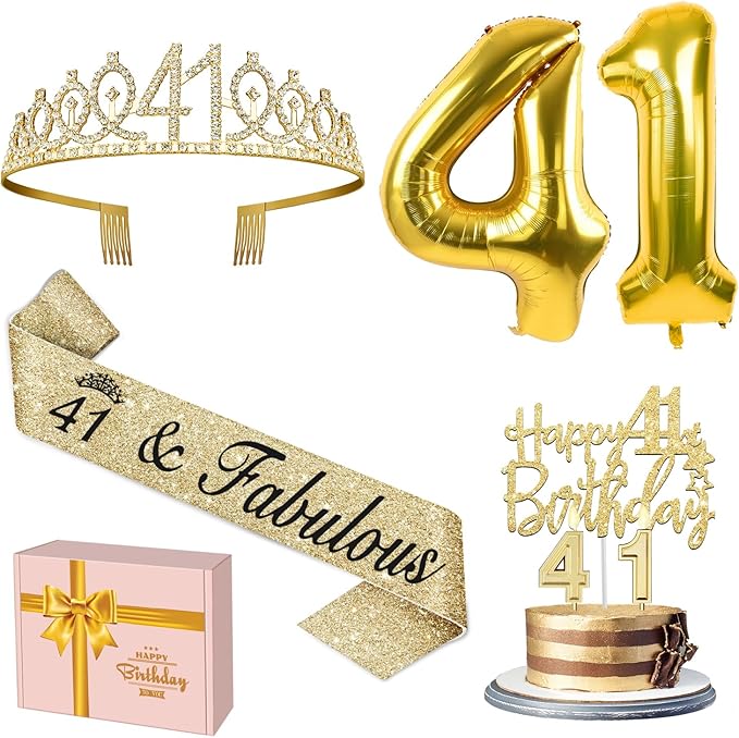 41st Birthday Decorations for Women Gold with 41st Birthday Sash and Tiara, Cake Topper and Candles, Number Balloons, 41 Year Old Gifts for Women