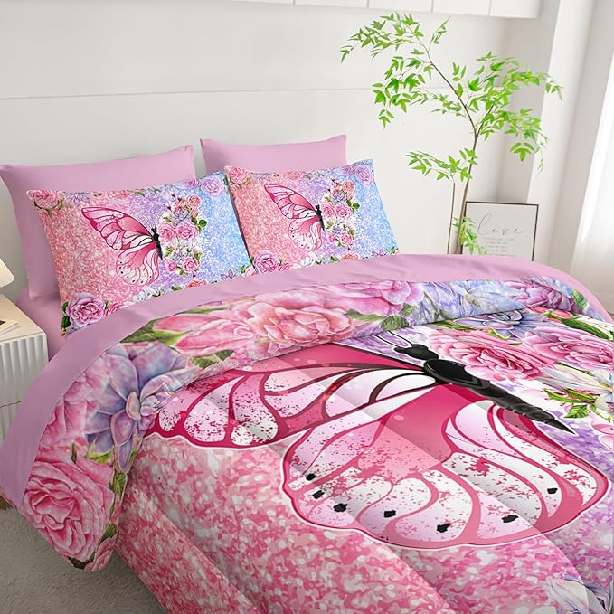 Butterfly Comforter Set (7 Piece) - Queen Size, Floral Pink Purple Bedding, Girls/Teens, Soft Microfiber, Sheets/Pillowcases Included