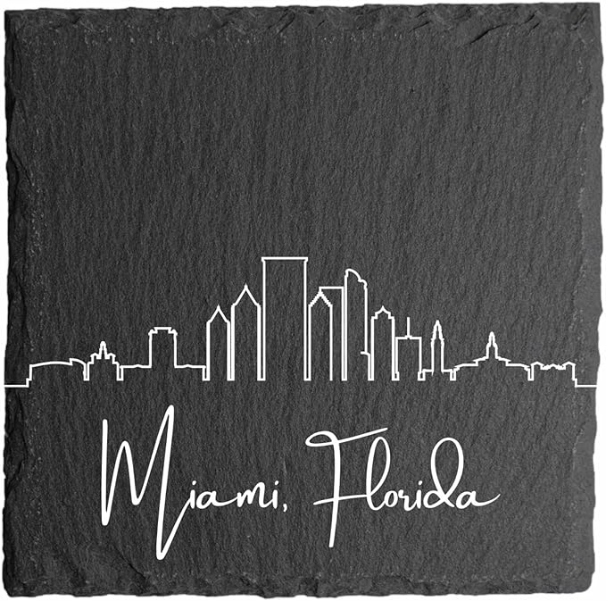 Blue Ridge Mountain Gifts - Miami FL Skyline Coasters, Set of 4 - Miami Florida Souvenir, Slate Coasters with Minimalist Skyline, Housewarming Gift for Friends, Family, & Neighbors