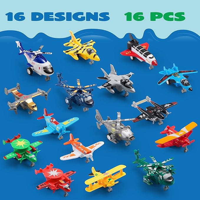 JOYIN 16 Pcs Pull Back Airplane Toys, Boys Plane Playset, Aircraft Incl Helicopter, Fighter, Bomber, Gifts for Toddler Kids 3+ Years Old, Christmas Kids Gifts, Treasure Box Toys for Classroom