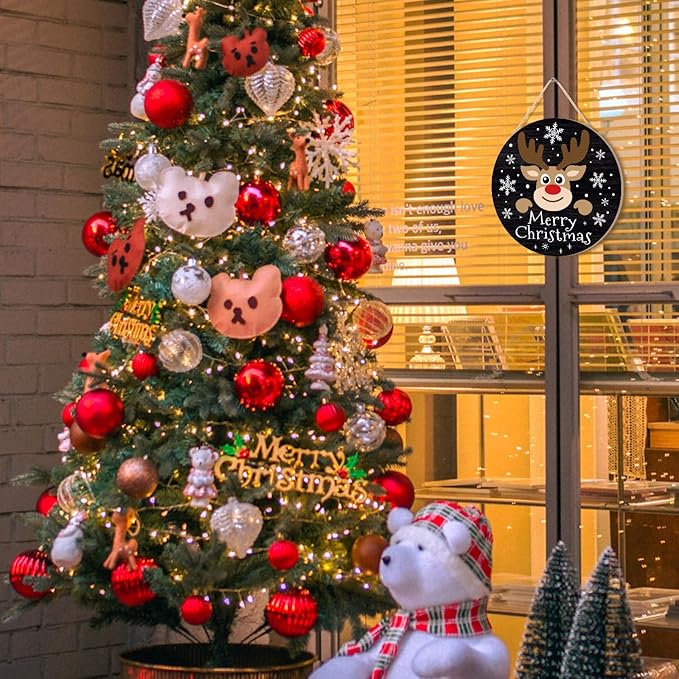 CHDITB Merry Christmas Sign,Reindeer Welcome WOOD SIGN, Farmhouse Round Xmas WOODEN SIGN,Funny Winter Wooden Door Hanger Decorative,Funny Holidays Deer Face Wooden Front Door Hanger