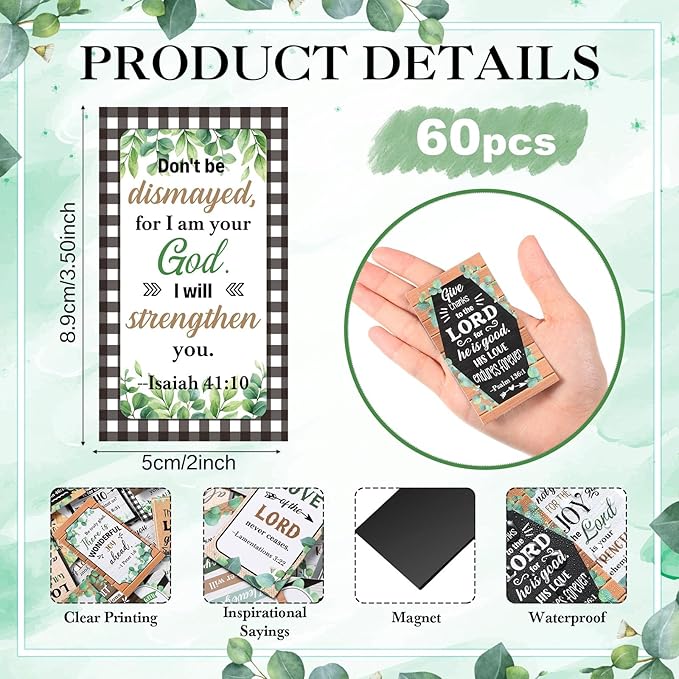 Blosssound 60 Pcs Inspirational Christian Magnets with Bible Verses Religious Refrigerator Magnet Motivational Quotes Fridge Scripture Positive Gifts for Home Office School Locker Decor(Green Plant)