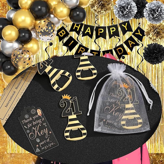 24pcs 21th Gold Keychain Bottle Opener 21th Birthday Party Favors, 21 Keychain Beer Bottle Opener Favors Anniversary Souvenirs Return Gifts for Guests Party Decor Supplies (black 21)