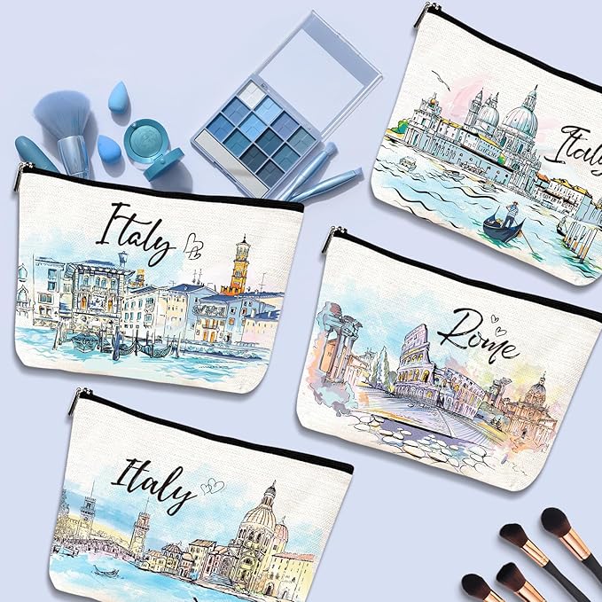 Italy Travel Essentials Gifts - 4Pcs Italy Themed Makeup Bag, Italy City Travel Watercolor Cosmetic Bags with Zipper, Italy Vacation Trip Gifts for Italy Lovers Travellers Women Girls