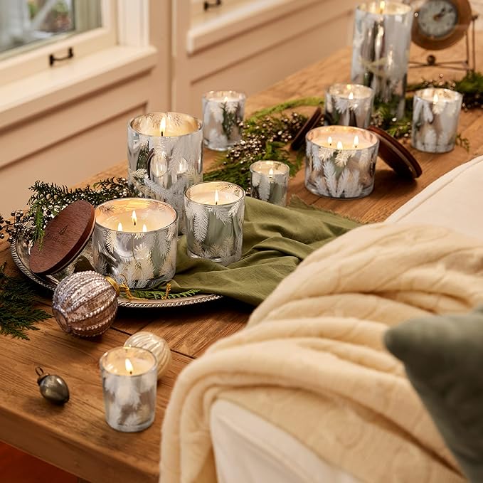 Thymes Frasier Fir Candle – Pine Needle Design – Holiday Scented Candle – Notes of Crisp Siberian Fir, Cedarwood & Sandalwood – Luxury Home Fragrance Gifts for Women & Men – Silver (Statement, 6.5 oz)