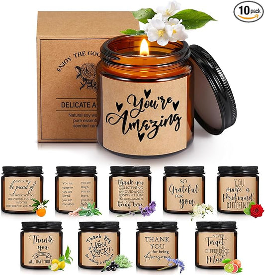 Roowest 10 Jars Thank You Gift Candles 3.5 oz Valentines Employee Appreciation Gifts Bulk Soy Wax Jar Inspirational Candle Thank You Coworkers Employee Women Secretaries Teacher(Amber,Pretty,Lovely)
