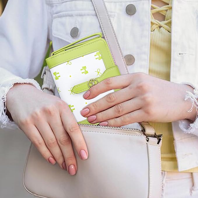 Womens Wallet Cute Small Wallets for Women Green Coquette Bow Women's Wallet Kawaii Card Wallets for Women Ladies Bow Stuff
