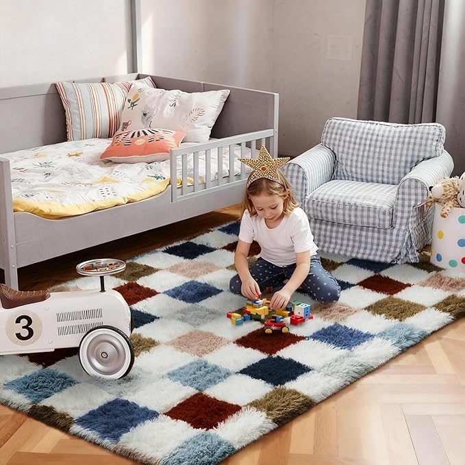 Ophanie Checkered Rainbow Rug for Living Room Bedroom, Colorful Fluffy Soft Cute Fuzzy Area Rugs, Shag Plush Shaggy Bedside Floor 4x6 Furry Carpet for Kids Baby Teen Dorm Nursery Home Decor Aesthetic
