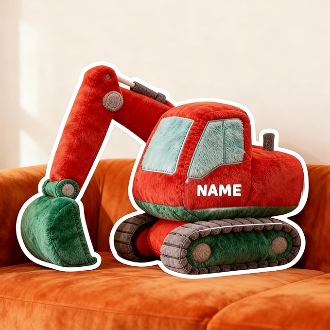 Personalized Excavator Shaped Pillow, Custom Name Plush Stuffed Pillows, Suitable for Beds, Sofas, Bedrooms, Living Rooms Custom Decorative Cushion Gifts for Birthday and Anniversary