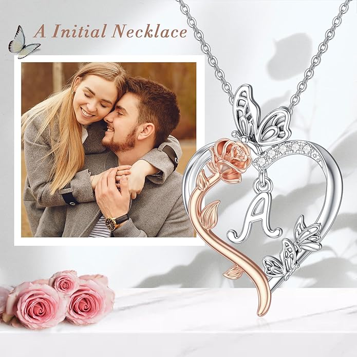 TOUPOP Rose Heart Necklaces Gifts for Women 925 Sterling Silver Butterfly Heart Initial Necklace Anniversary Valentines Day Birthday Jewelry Gifts for Mom Her Wife Girlfriend Daughter