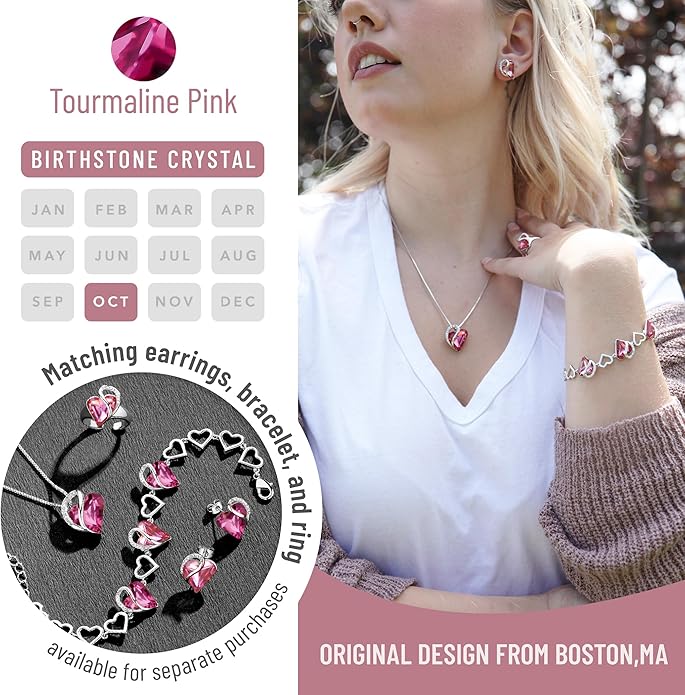 Leafael Valentine's Day Gift Necklaces for Women, Infinity Love Birthstone Heart Crystal Pendant, Birthday Anniversary Jewelry for Wife, Mom, and Her, Silver Plated, 18" + 2" Adjustable Chain