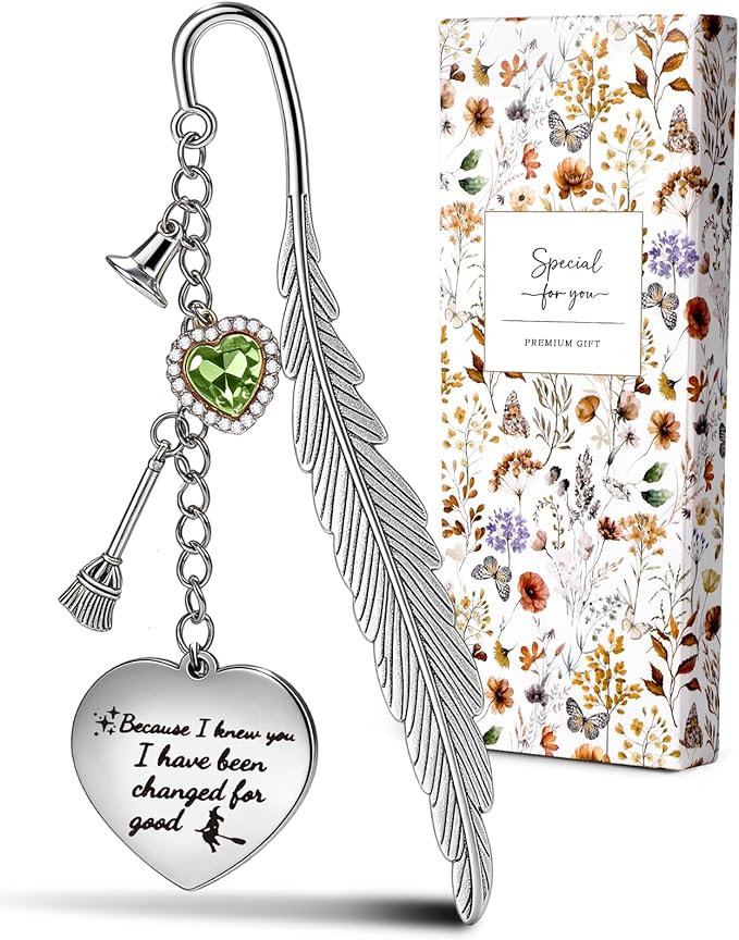 Buleens Bookmarks for Women Reading - Book Marks for Readers Book Lovers, Feather Fantasy Witch Green Personalized Metal Bookmark with Pendants, Pretty and Aesthetic Book Accessories Reading Gifts