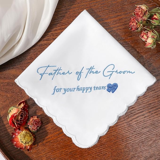 Wedding Handkerchief Something Blue for Bride, Mother Father of the Brides Groom Gifts, Embroidered Happy Tears Cotton Hanky