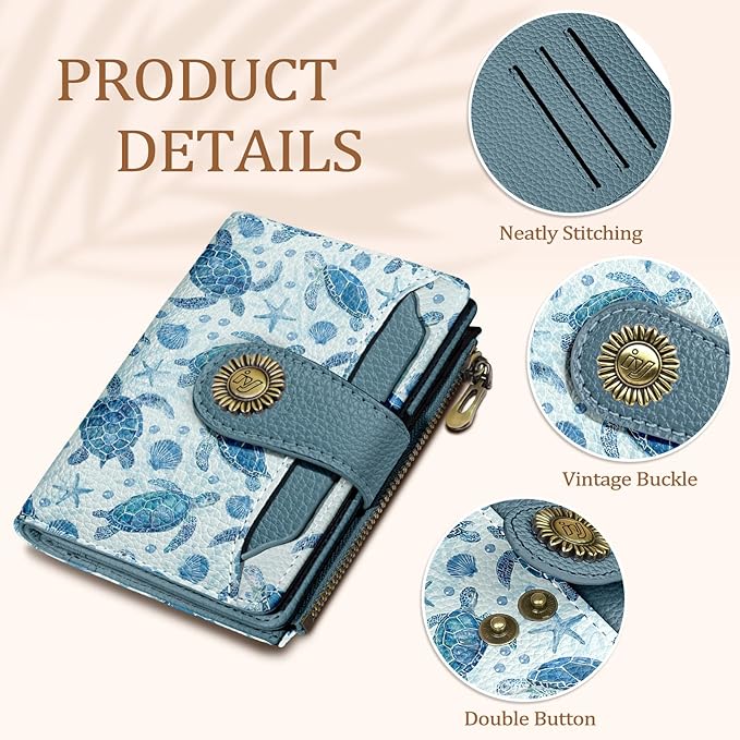 Sea Turtle Small Wallet Women RFID Blocking Bifold, Credit Card Holder, Zipper Coin Pocket, PU Leather, Cute, Compact, Travel, 4 ID Window, 14 Card Slots, Cash Purse, Ladies Woman Female Girls