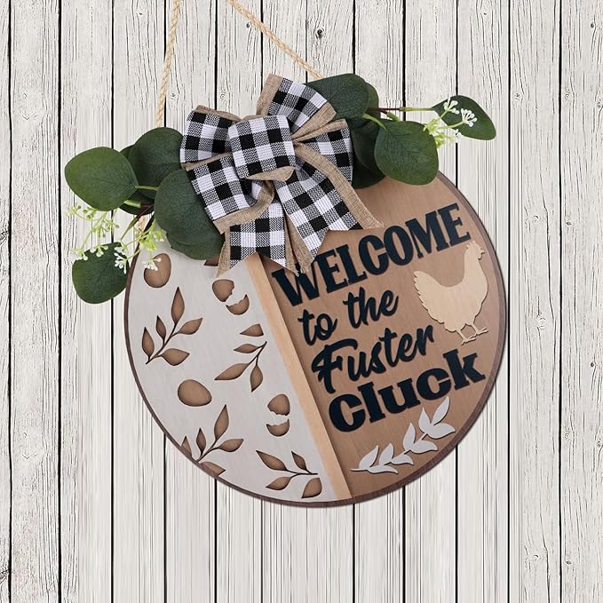 CHDITB Funny Chicken Wooden Sign, Rustic Farmhouse Wall Art Plaque, Chicken Coop Barnyard Hanging, Hen House Coop Round Sign,Welcome To The Fuster Cluck Door Hanger For Porch Outdoor Country Home Decor