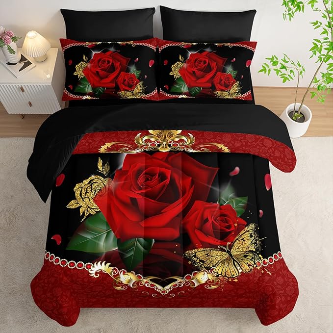 AILONEN 3D Oil Painting Red Rose Comforter Set Full Size,7-Piece 3D Rose and Butterfly Pattern Bed in a Bag,Comforter & Fitted Sheet with Flat Sheet & 2 Pillowcases,2 Pillow Cases for Bedroom