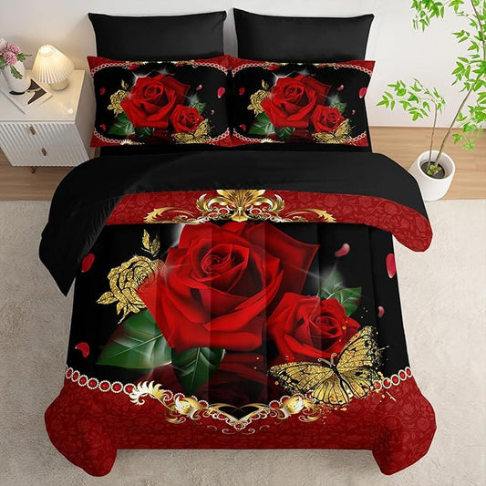AILONEN 3D Oil Painting Red Rose Comforter Set Full Size,7-Piece 3D Rose and Butterfly Pattern Bed in a Bag,Comforter & Fitted Sheet with Flat Sheet & 2 Pillowcases,2 Pillow Cases for Bedroom