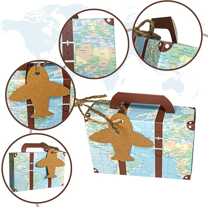 100Pcs Party Favor Candy Box, World Map Mini Suitcase Favor Box, Vintage Kraft Paper with Tags and Burlap Twine for Travel Themed Party, Bridal Shower, Wedding Decorations