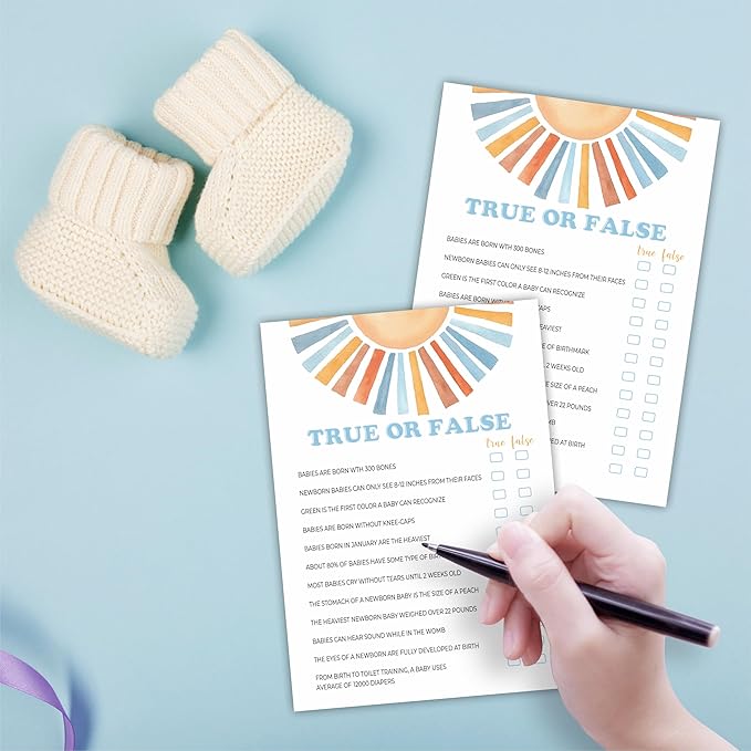 Watercolor Sunshine True Or False Baby Shower Game Kit - Retro Here Comes The Sun - 30 Fill In Game Cards & 1 Answer Card For Baby Shower, Gender Reveal Party Favor, Activity & Supplies - D05