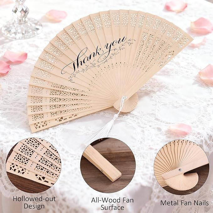 50 Pcs Wedding Fans Engraved Wooden Folding Hand Fans with Organza Bags, Wedding Party Favors for Guests, Bridal Shower & Summer Outdoor Ceremony (Style7,50)