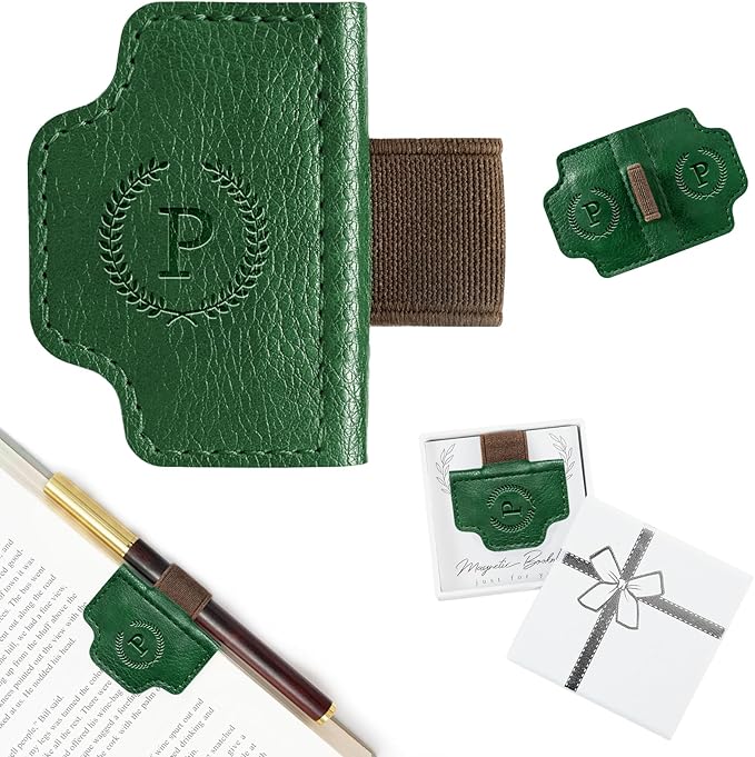 BygoneMark Magnetic Leather Bookmark with Pen Holder, Personalized Custom Initial Page Marker & Pen Clip, Professional Book Accessory for Students (Green-P)