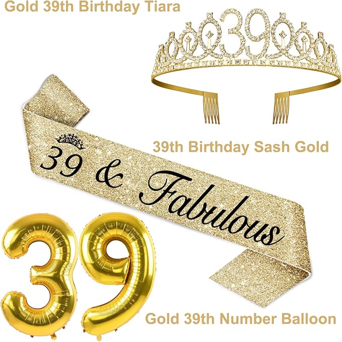 39th Birthday Decorations for Women Gold with 39th Birthday Sash and Tiara,Cake Topper and Candles, Number Balloons, 39 Year Old Gifts for Women