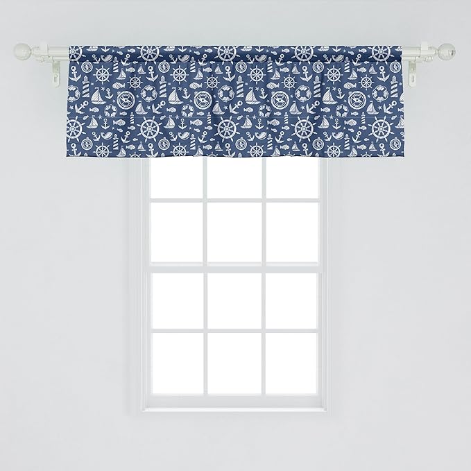 Ambesonne Sailboat Window Valance, Diagonal Hatched Nautical Elements Ship's Wheel Anchor and Marine Animals, Curtain Valance for Kitchen Bedroom Decor with Rod Pocket, 54" X 18", Blue White
