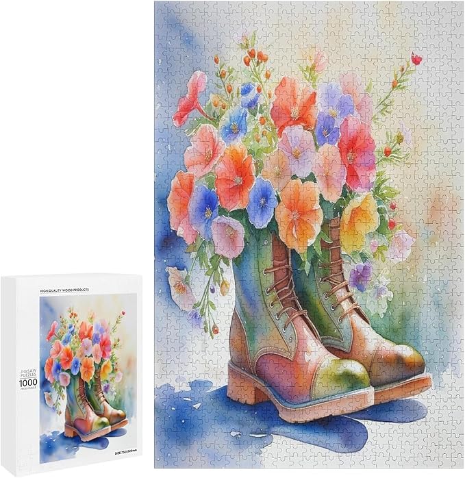 Boot Flowers Wooden Puzzle 1000 Pieces Jigsaw Puzzles for Adults Puzzle Educational Toys Challenging Fun Games Gifts for Elders Kids Family and Friends