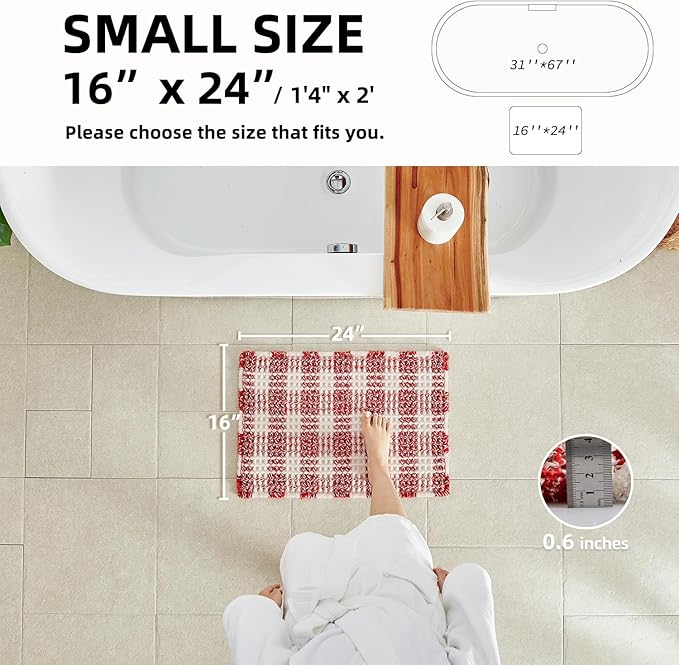 Waffle Bath Mat, Boho Christmas Bathroom Rugs Non Slip Washable Absorbent Checkered Bathroom Mat Quick Dry Cute Bath Mat, 24"x16" Red and White