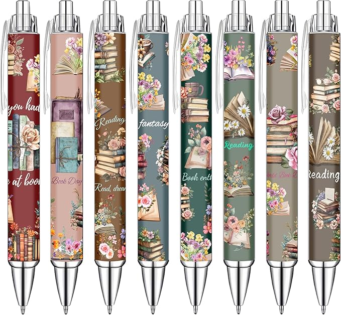Idealmuzik Book Lover Pens Set – Cute Reading-Themed Gel Pens for Women, Teens, and Kids – Cozy Library Aesthetic Stationery for Journalers, Students, and Writers, 8 Pack