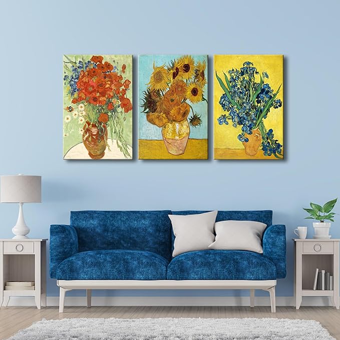 Wieco Art 3 Panels Canvas Prints of Vincent Van Gogh Paintings Reproduction Red Poppies and Daisies Irises in Vase Sunflower Canvas Wall Art for Living Room Home Office Decor