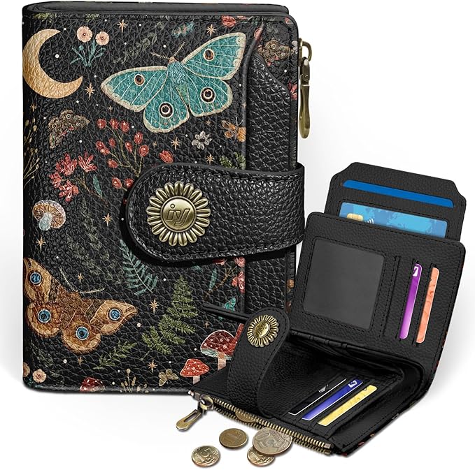 Butterfly Small Wallet Women RFID Blocking Bifold, Credit Card Holder, Zipper Coin Pocket, PU Leather, Compact, Travel, 4 ID Window, 14 Card Slots, Cash Purse, Ladies Woman Female Girls