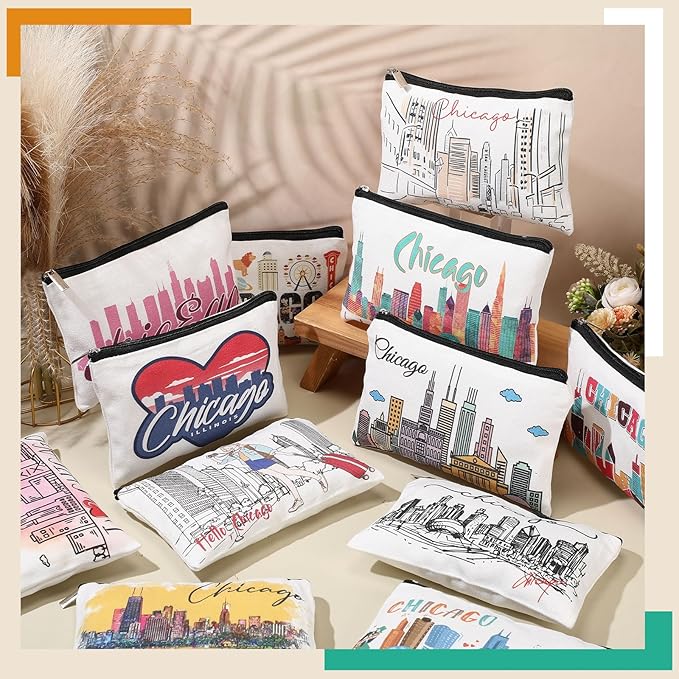 Reginary 12 Pcs City Souvenir Gifts Texas State Gifts Chicago City Souvenirs California Makeup Bag Paris San Francisco Alaska Zippered Cosmetic Bag for Women Traveler Souvenirs