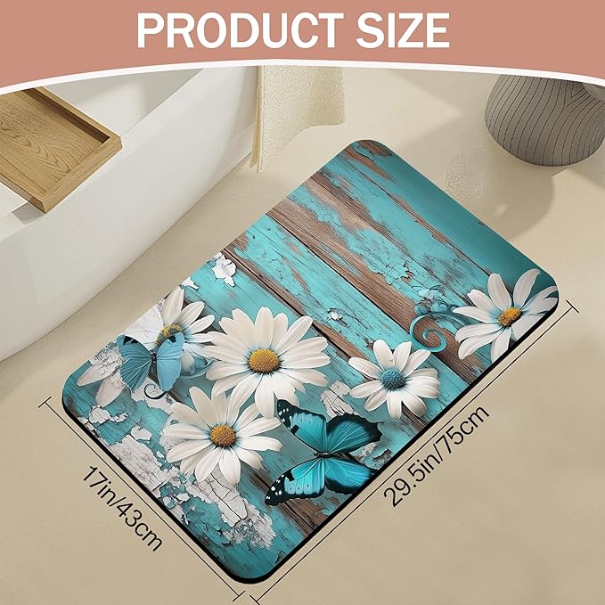 Diatomaceous Earth Bath Mat,White Daisy Bath Rugs,Vintage Wood Non-Slip Thin Absorbent Fast Drying Easy to Clean for Bathroom Laundry Home Kitchen Door Mat 17x29.5Inch