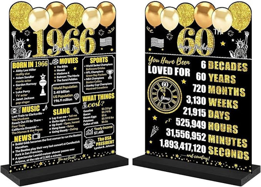 Black Gold 60th Birthday Decorations Gifts for Men Women, Two-Sided Vintage 60 Back in 1966 Theme Poster Wooden Table Sign with Stand, Sixty Years Old Bday Centerpieces Holder for Table Decor