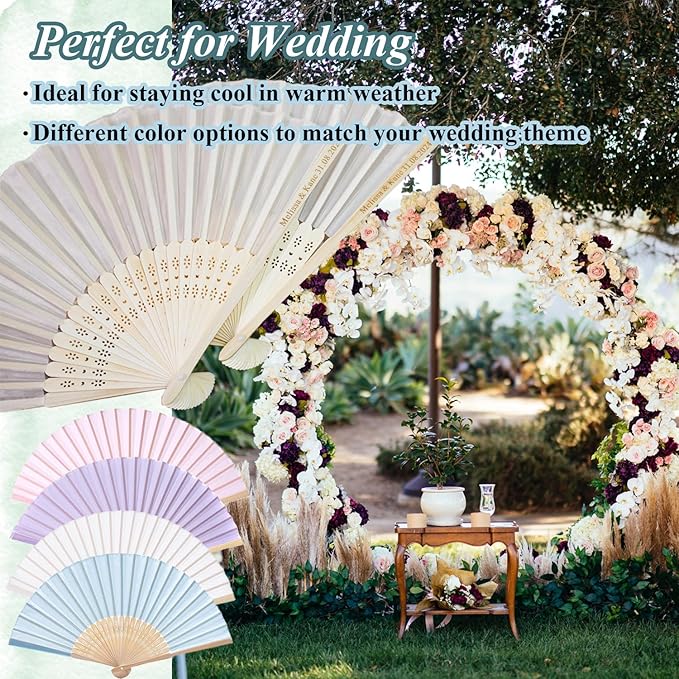 10 Pcs Personalized Cream Hand Fans for Wedding, Custom Engraved Silk Fans Folding Hand Fans, Summer Wedding Fans, Custom Wedding Party Favor Bridal Shower Gifts Baby Shower Favors
