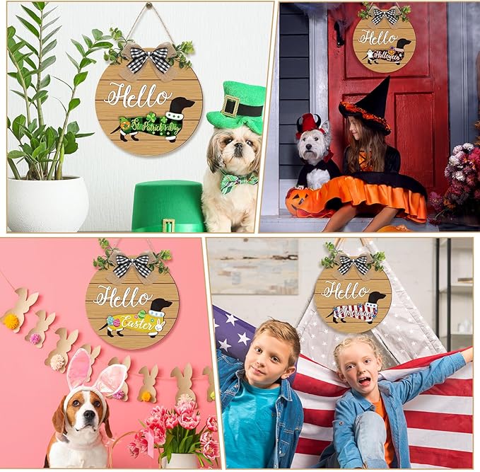 Glenmal 16 Pcs Seasonal Dachshund Door Decor for All Season and Holiday Hanging Cute Christmas Dachshund Welcome Sign Rustic Wooden Farmhouse Front Door Signs Outdoor(Brown)