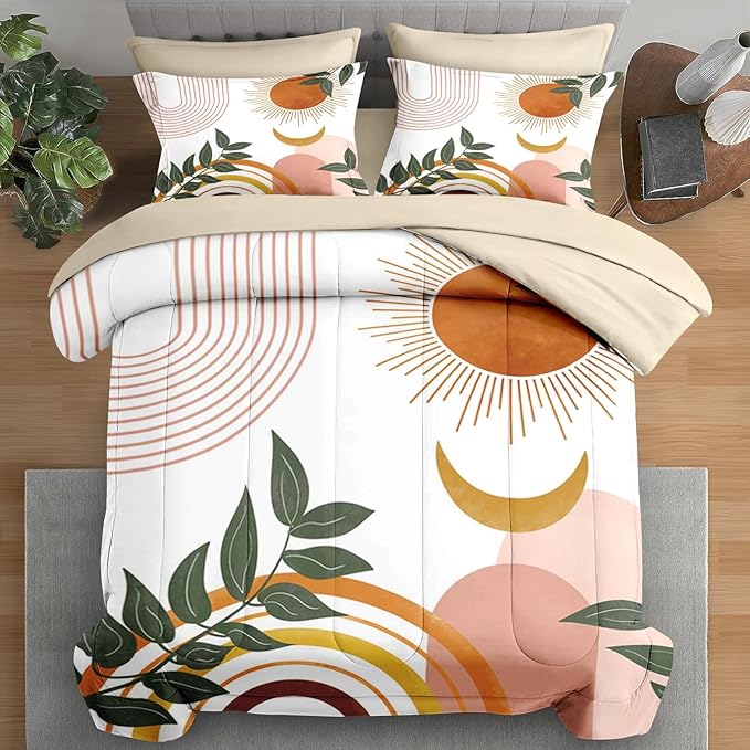 Comforter Set Full Size, Boho Retro 7 Pcs Bedding for Kids and Adults, Vintage Sunshine Bed Sheet Sets with Fitted Sheet 2 Pillowcase & 2 Sham for Bedroom Bed Decor