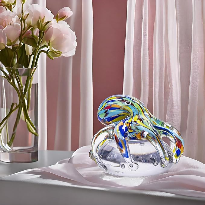 Hand Blown Art Glass Octopus Figurine on Crystal Ball | Handmade Sea Creature Collectible, Ocean Theme Desk Paperweight & Aquarium Decor (Turquoise)